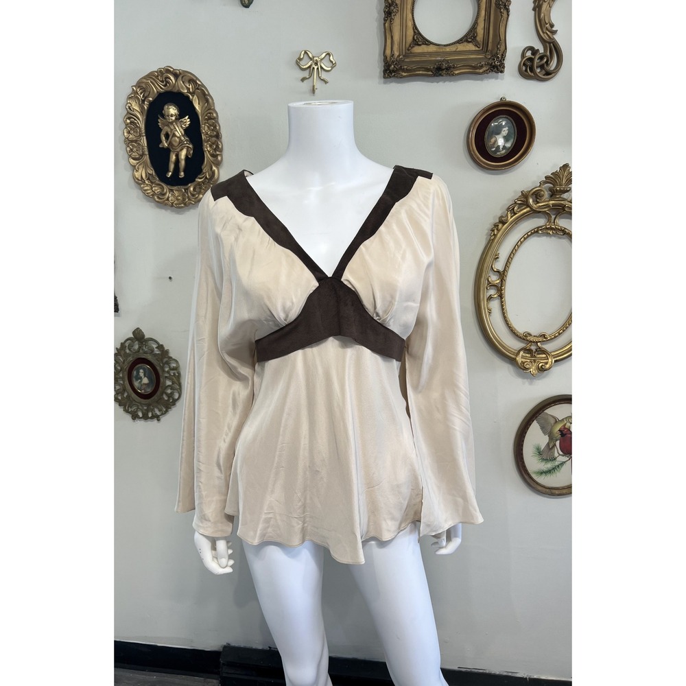 Tracy Reese Vintage Silk Champagne Brown Contrast Trim V-Neck Blouse Size 4